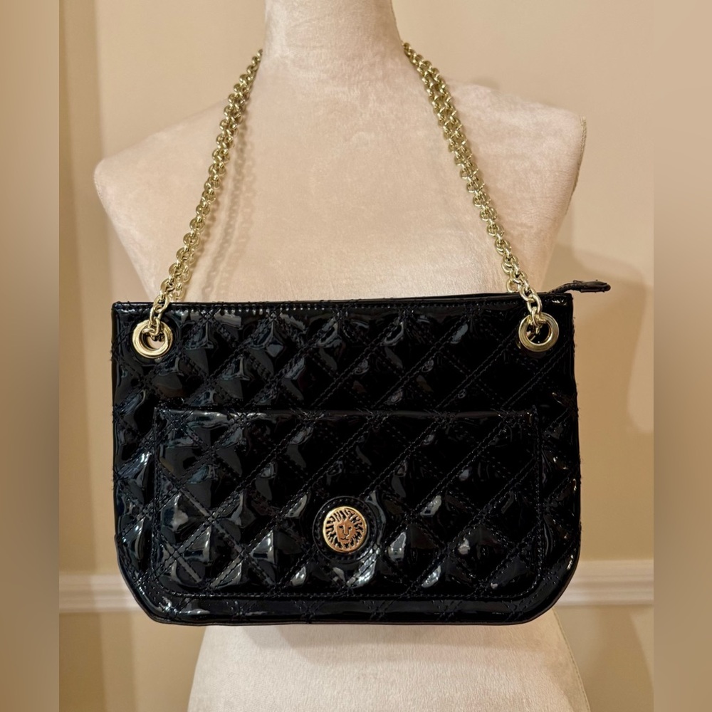 🦓 Anne Klein Black Quilted Patent Gold Chain Shoulder Bag Purse